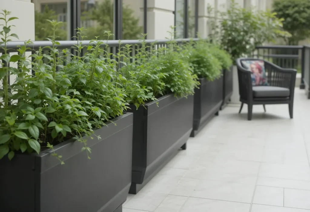 Modern herb balcony garden with basil and rosemary
