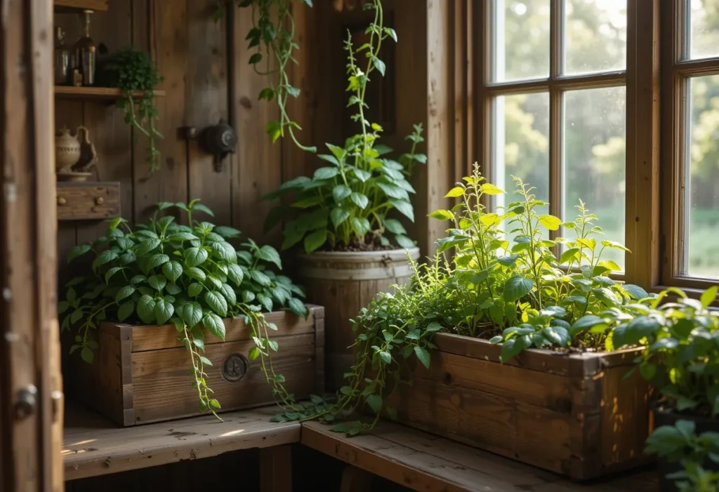 Balcony herb garden with reclaimed wood planters growing basil and rosemary in a cozy, green-filled outdoor corner.
