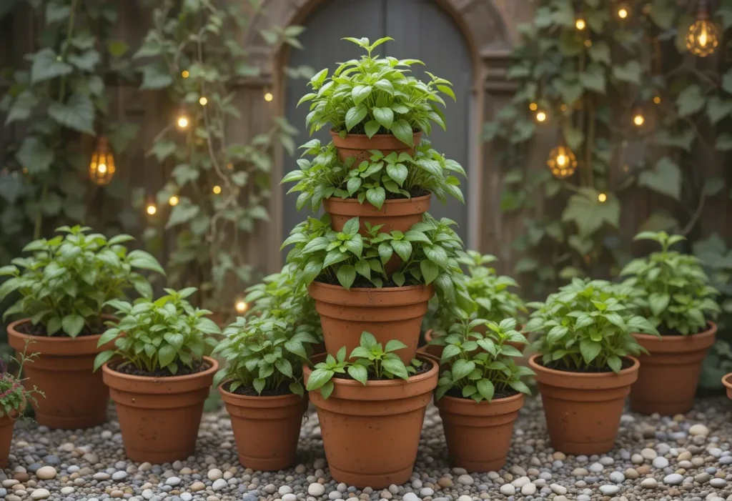 Stacked terracotta pots of basil with climbing vines and fairy lights on a compact balcony.
