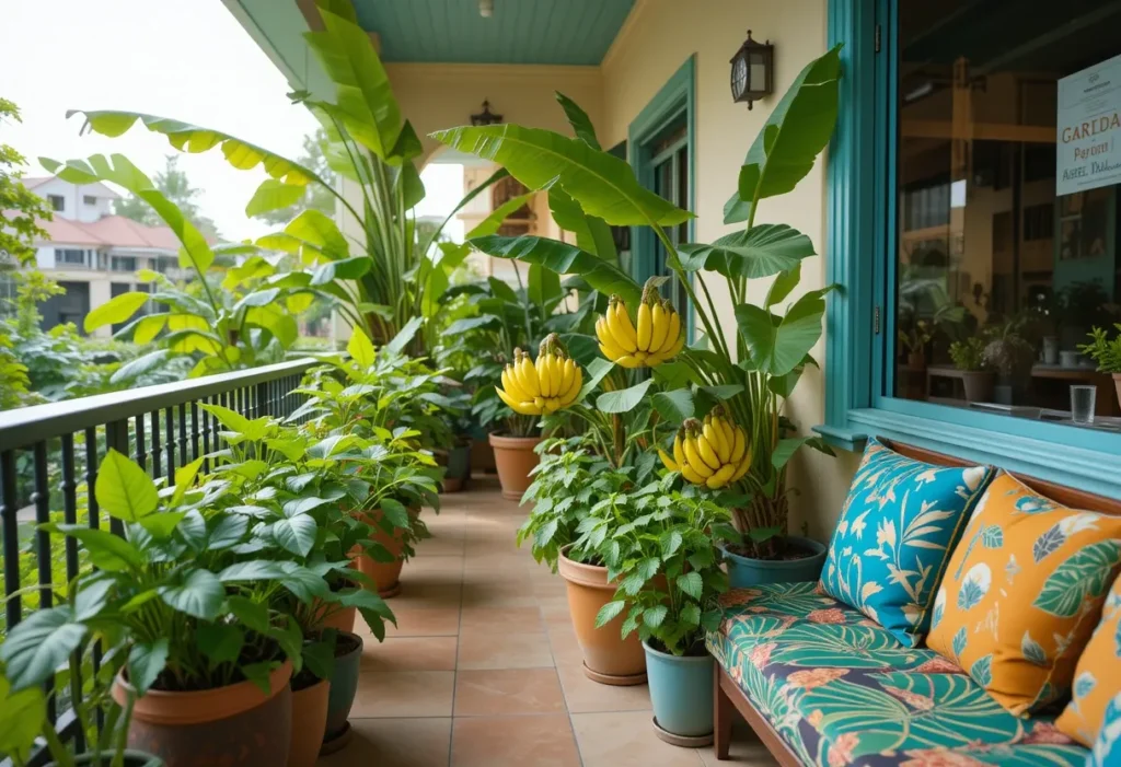 Colorful tropical balcony with banana plants, basil, mint, and vibrant pots.