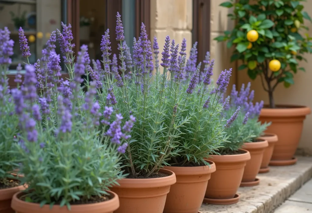 A Mediterranean-style balcony with terracotta pots of rosemary and basil, warm tones, and citrus trees.