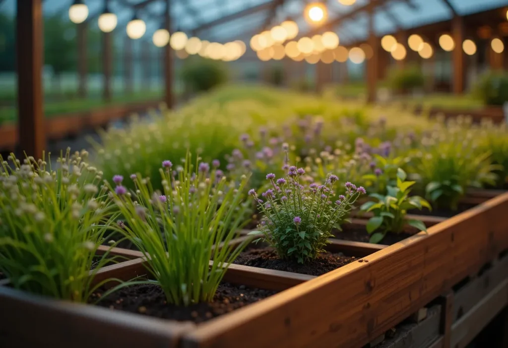Balcony herb garden with wooden herb planters, neatly arranged fresh herbs, and warm ambient lighting for a cozy outdoor space.