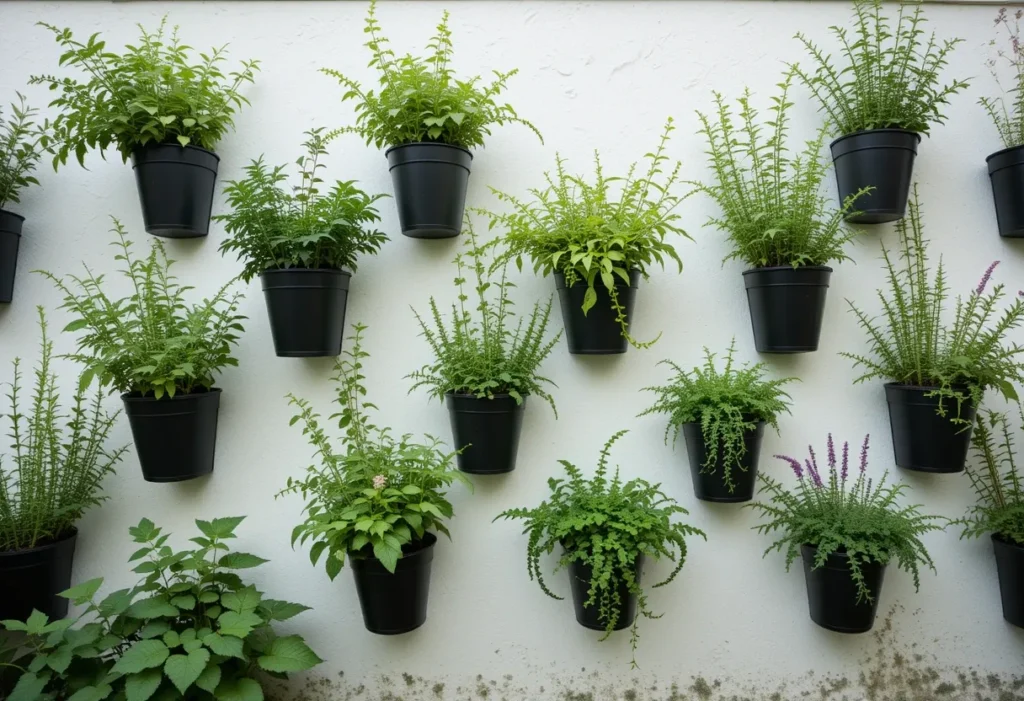 A bold vertical herb garden using black mounted wall planters filled with vibrant green herbs.