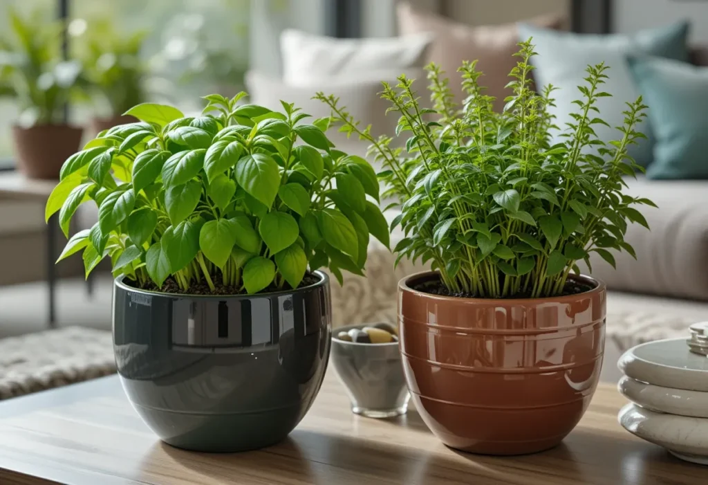 Glossy black pots holding basil and oregano in a sleek urban setting with modern balcony furniture.