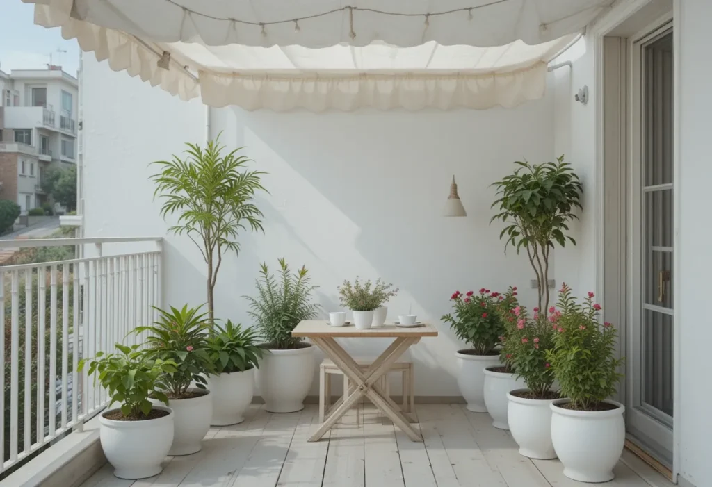 Bright and clean balcony with white planters full of herbs, styled with rattan furniture and cushions.