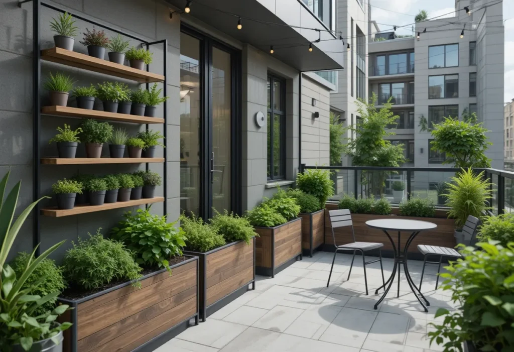 Sleek balcony with wood planters, herbs like rosemary and thyme, and glowing string lights.