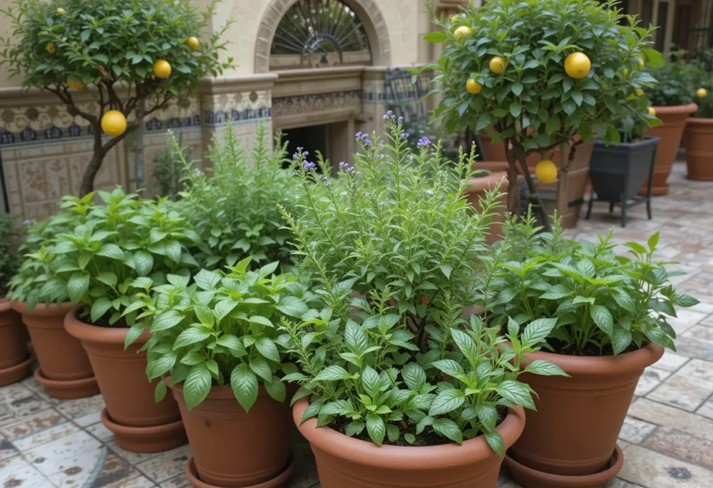 Warm Mediterranean balcony with terracotta herb pots, citrus trees, and tiled flooring.