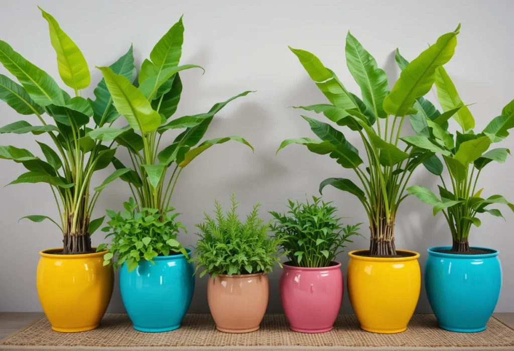 A lush tropical balcony garden with banana trees, basil planters, and woven garden décor.