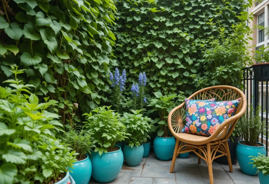 City balcony with turquoise pots of basil and rosemary, green wall backdrop, and cozy seating.