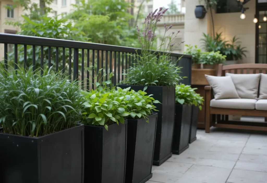 Black herb planters with chives and basil beside a wooden bench with cushions and soft lighting.