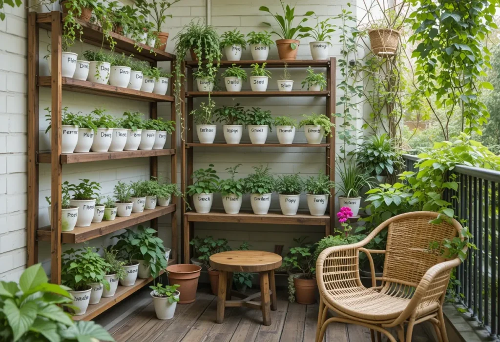 Clean white pots of herbs on tiered wooden shelves, minimalist furniture, and calm natural tones.