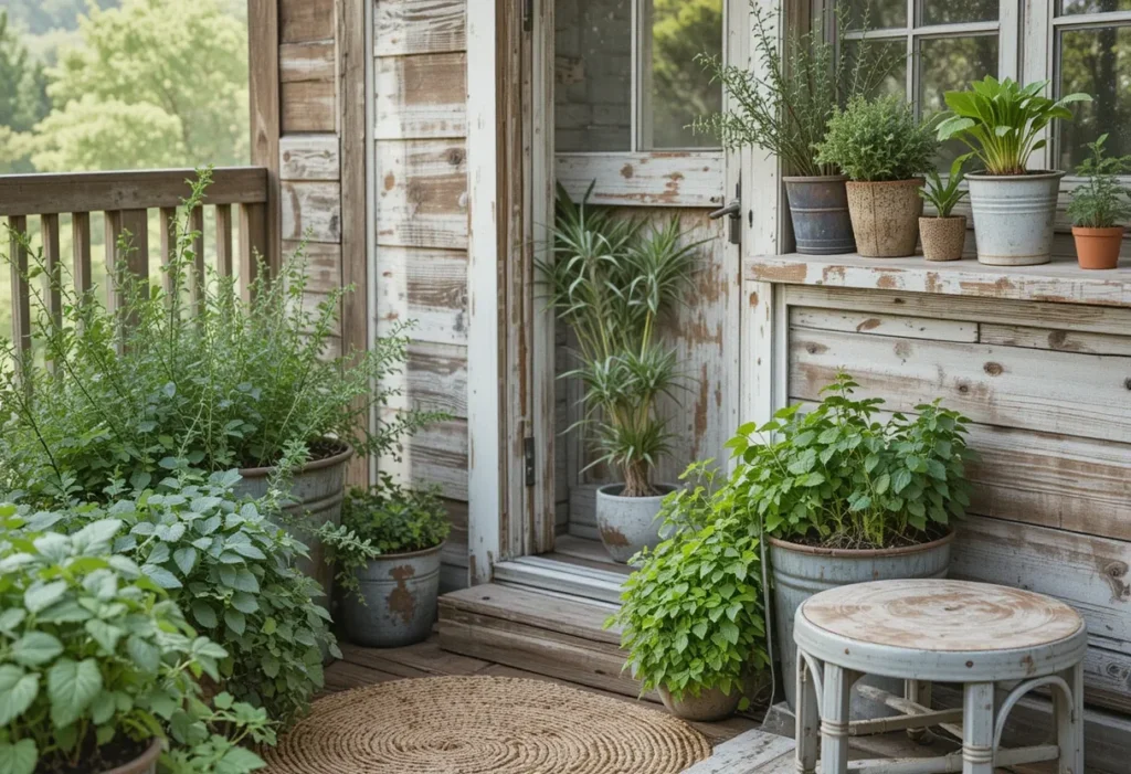 Rustic-style balcony with wooden and metal herb planters, thyme and parsley, and a jute rug.