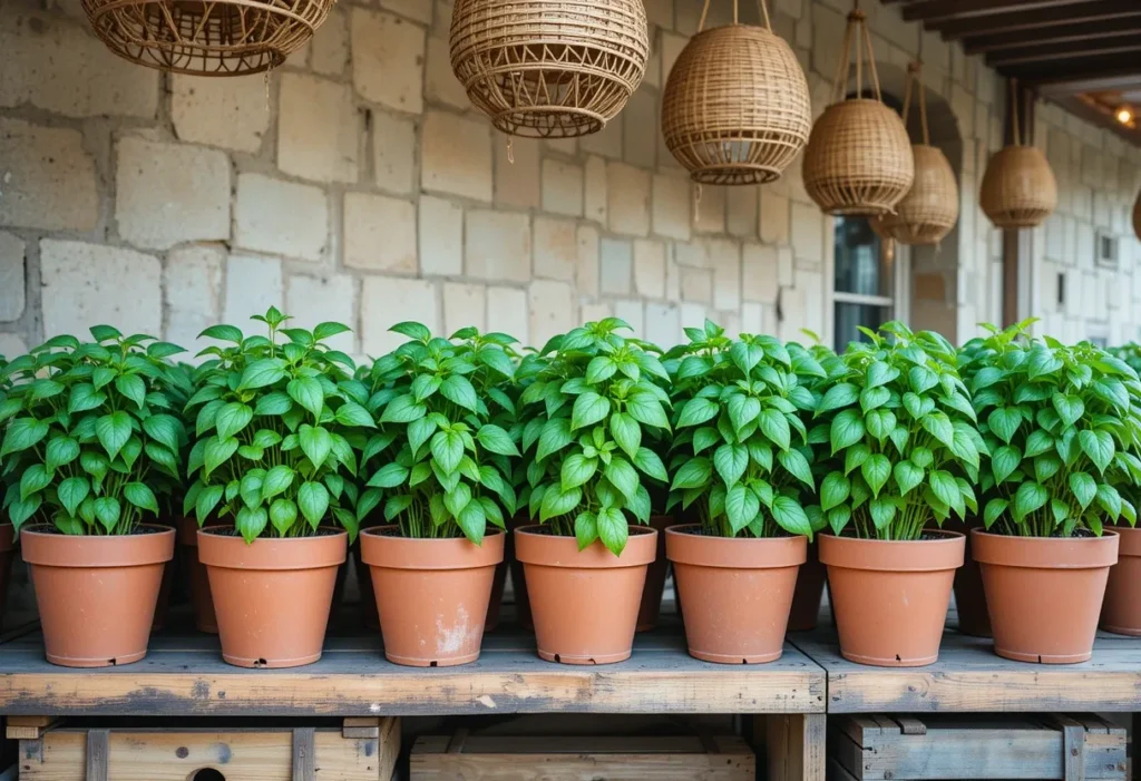 Terracotta pots of bushy basil on tiled flooring with wooden crates and rustic accents.