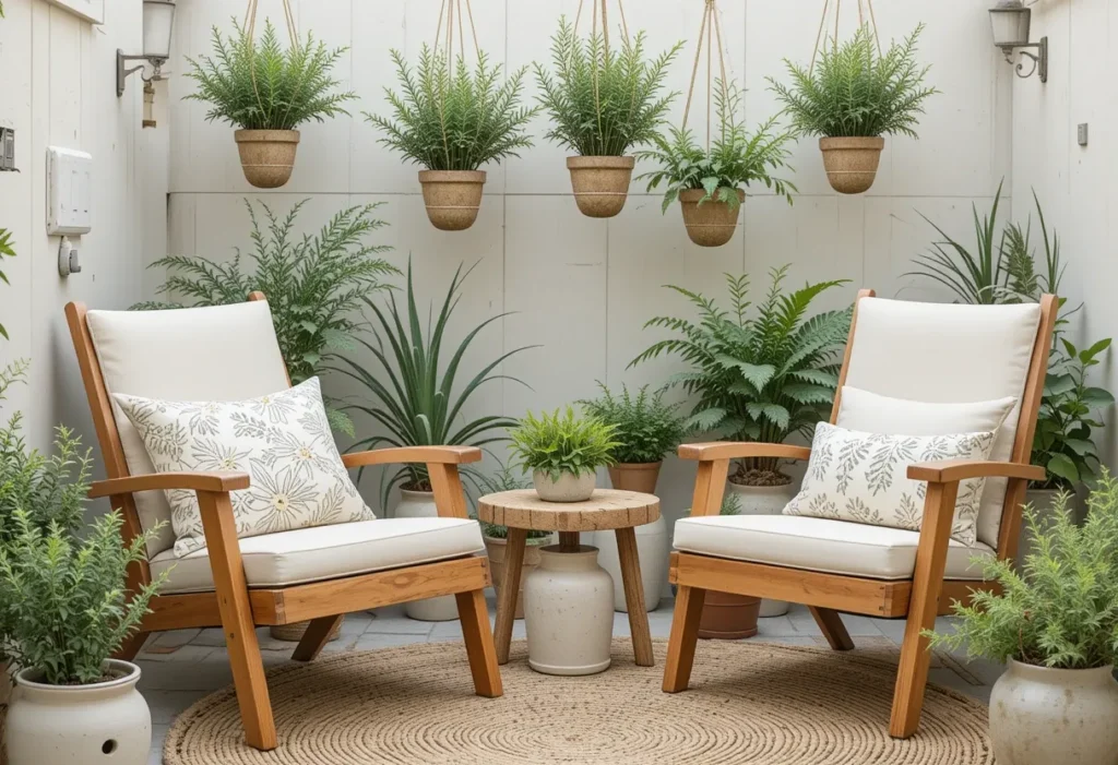 Wood furniture, patterned cushions, and herb-filled pots create a cozy and fragrant balcony