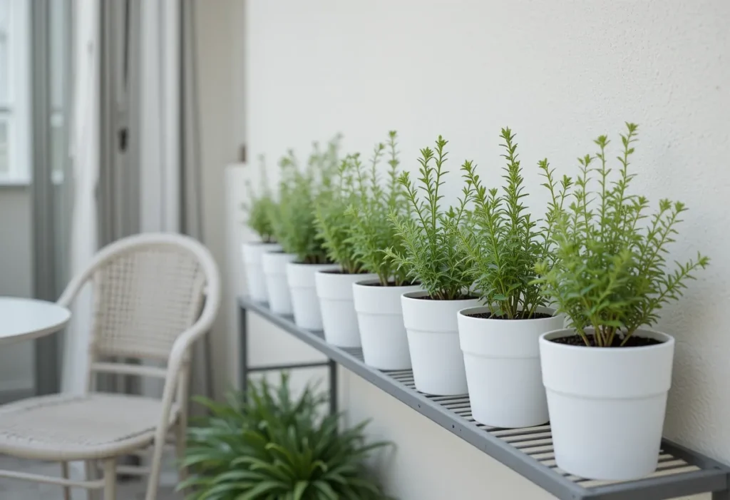 White herb pots with rosemary and thyme, minimalist seating, and a peaceful balcony setup.
