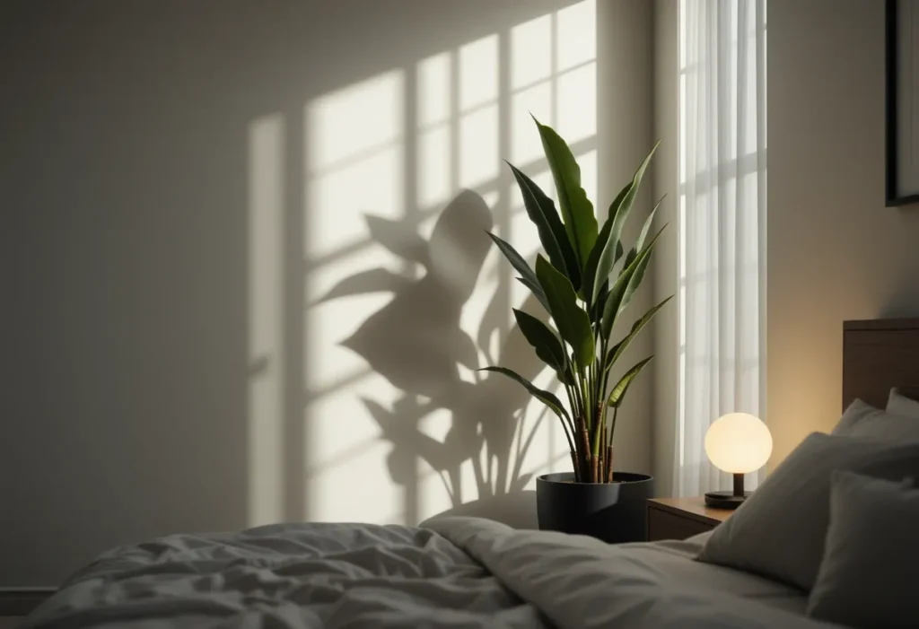 22 Best Low Light Indoor Plants That Thrive Without Direct Sunlight 2 Snake Plant in a black pot placed in a dim bedroom corner with sheer curtains and soft shadows.