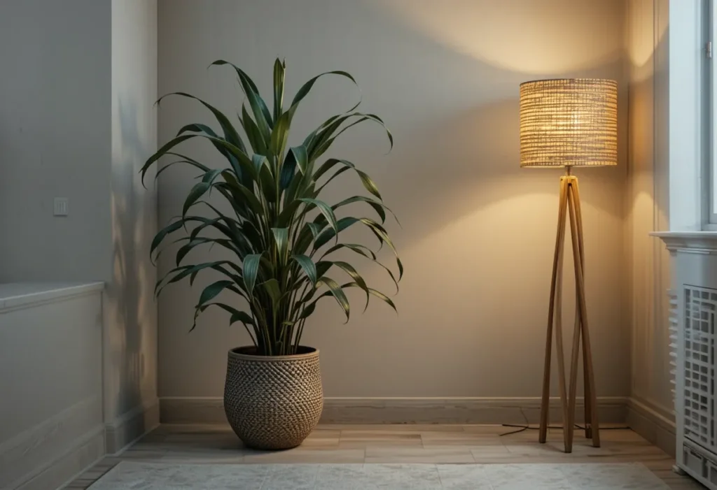 22 Best Low Light Indoor Plants That Thrive Without Direct Sunlight 10 Corn plant in a textured planter stands in a quiet, dimly lit living room corner near a woven lamp.