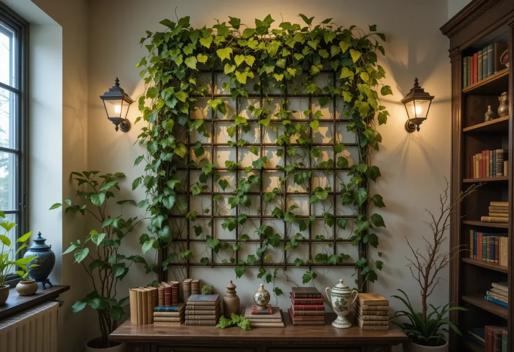 22 Best Low Light Indoor Plants That Thrive Without Direct Sunlight 11 English ivy climbs a wall trellis under soft artificial light, paired with vintage books and warm tones.