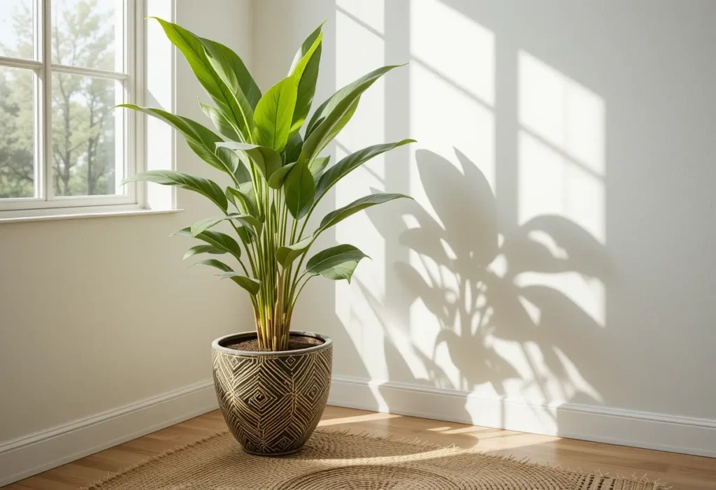 22 Best Low Light Indoor Plants That Thrive Without Direct Sunlight 12 Dumb cane plant in a patterned pot sits in a shaded corner with a jute rug and natural accents.