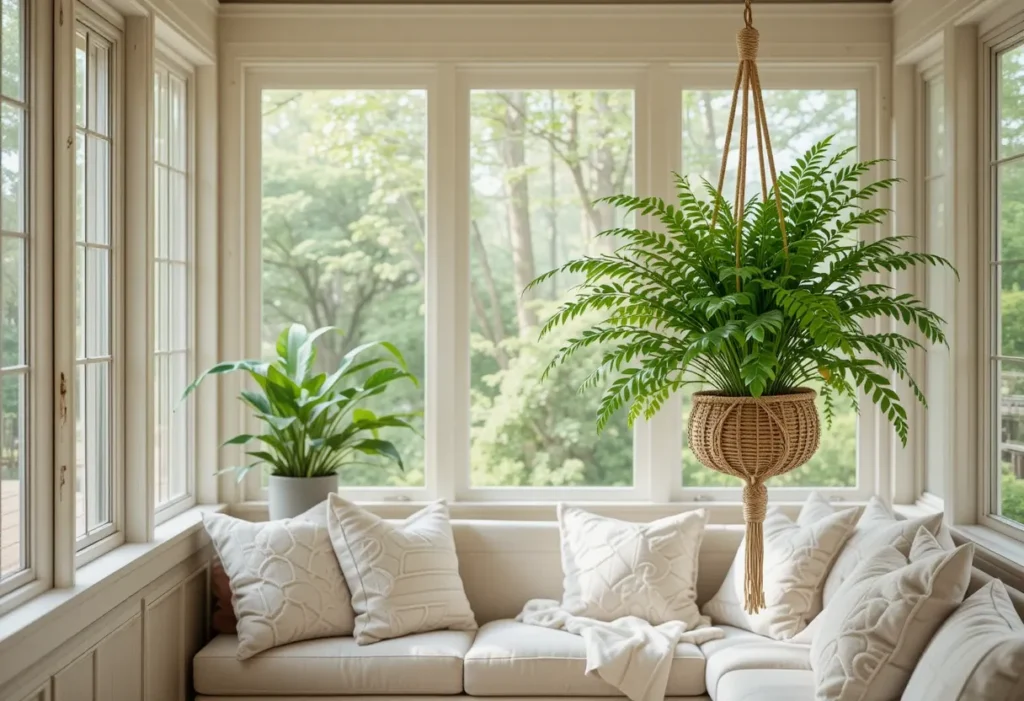 22 Best Low Light Indoor Plants That Thrive Without Direct Sunlight 13 Hanging Boston fern in a macramé basket brightens a softly lit sunroom with cozy boho decor.