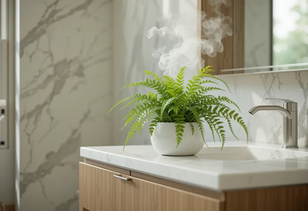 22 Best Low Light Indoor Plants That Thrive Without Direct Sunlight 14 Bird’s-nest fern on a bathroom vanity surrounded by steam and spa-style minimal decor.