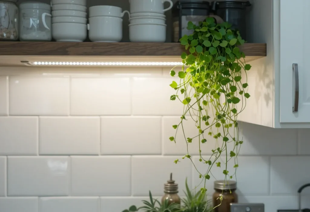 22 Best Low Light Indoor Plants That Thrive Without Direct Sunlight 15 Spider plant with baby shoots on a kitchen shelf under soft under-cabinet lighting.