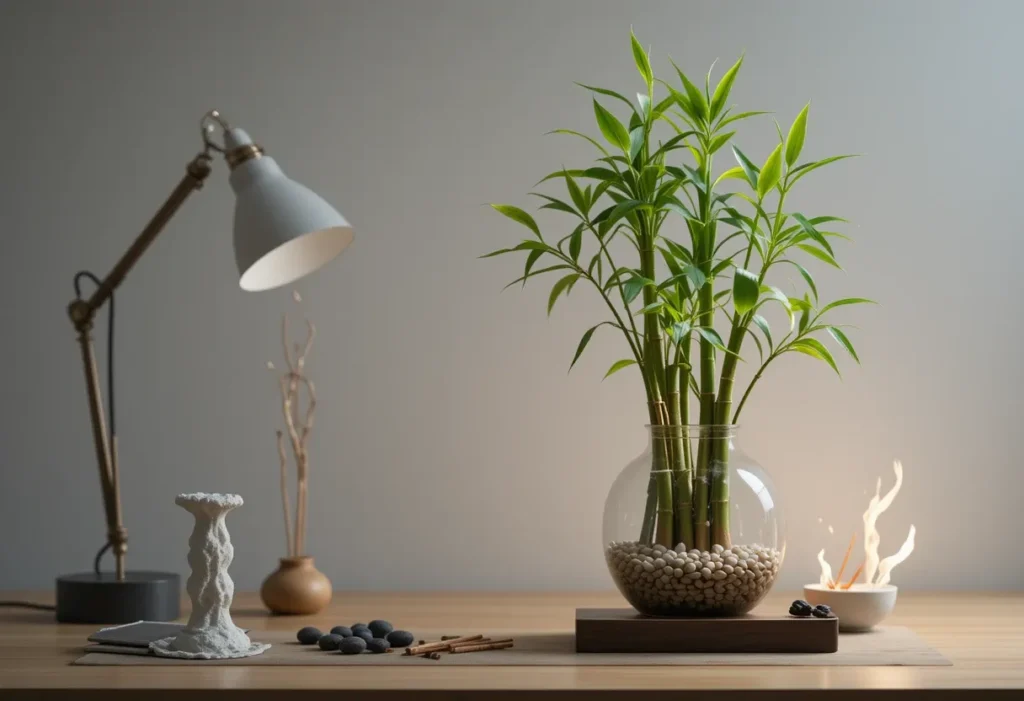 22 Best Low Light Indoor Plants That Thrive Without Direct Sunlight 16 Lucky bamboo in a glass vase sits on a tidy office desk with soft light and Zen-style decor.