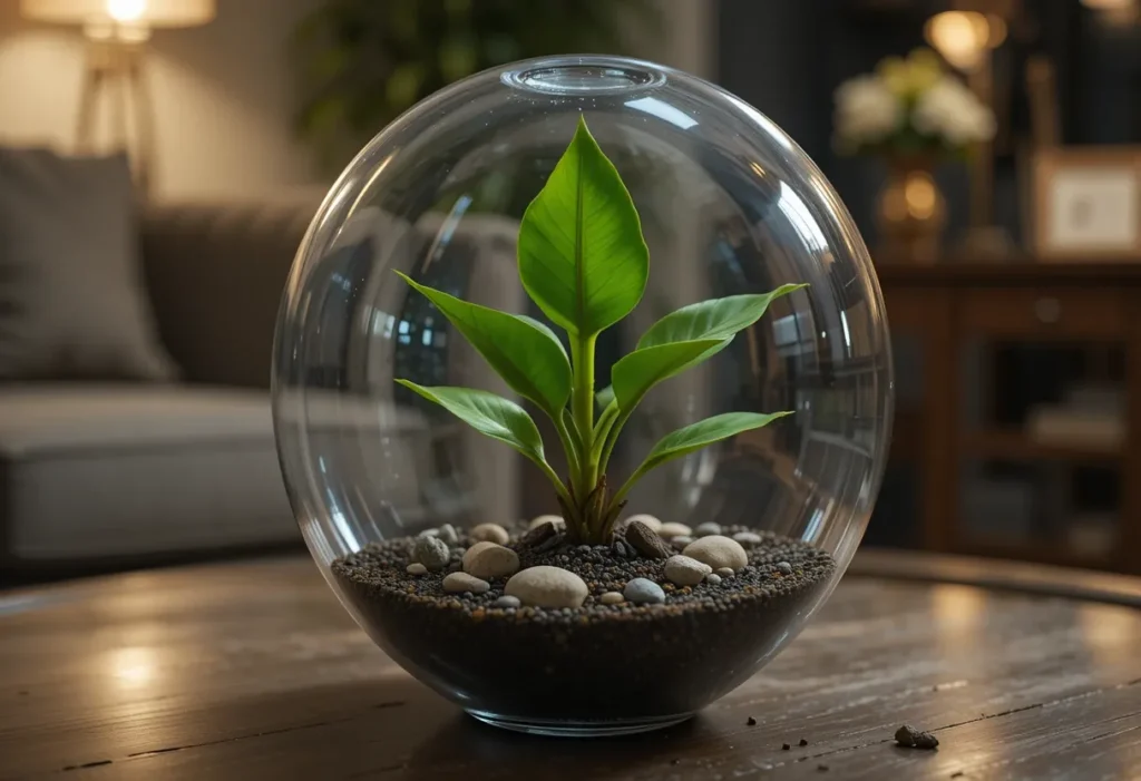 22 Best Low Light Indoor Plants That Thrive Without Direct Sunlight 17 Prayer plant featured in a terrarium-style table centerpiece with ambient nighttime lighting.