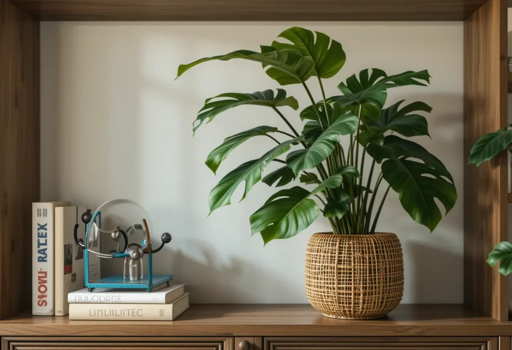 22 Best Low Light Indoor Plants That Thrive Without Direct Sunlight 18 Large Calathea in a rattan pot displayed on a living room shelf with soft indirect lighting.