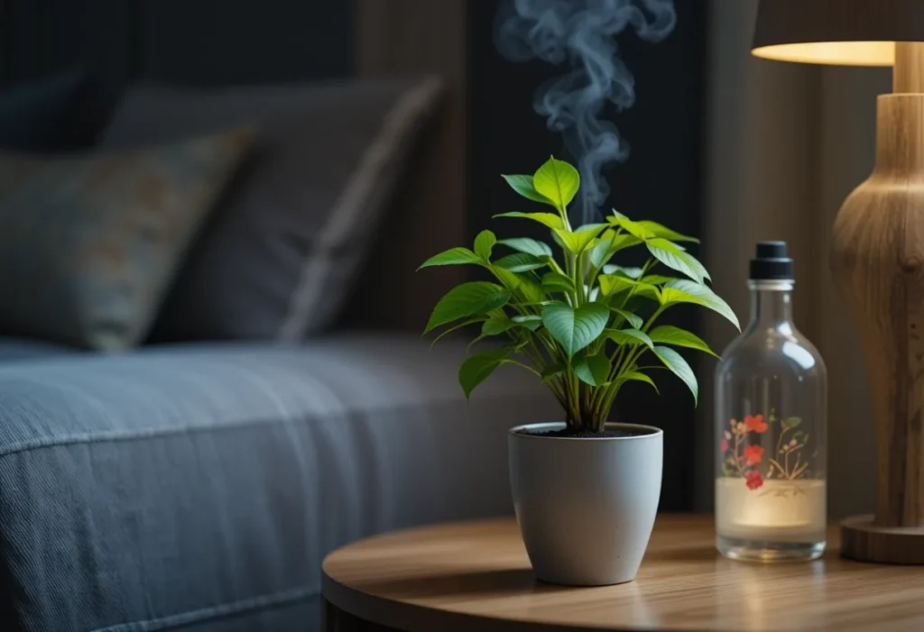 22 Best Low Light Indoor Plants That Thrive Without Direct Sunlight 19 Friendship plant on a side table beside a diffuser and a warm-lit corner for a cozy vibe.