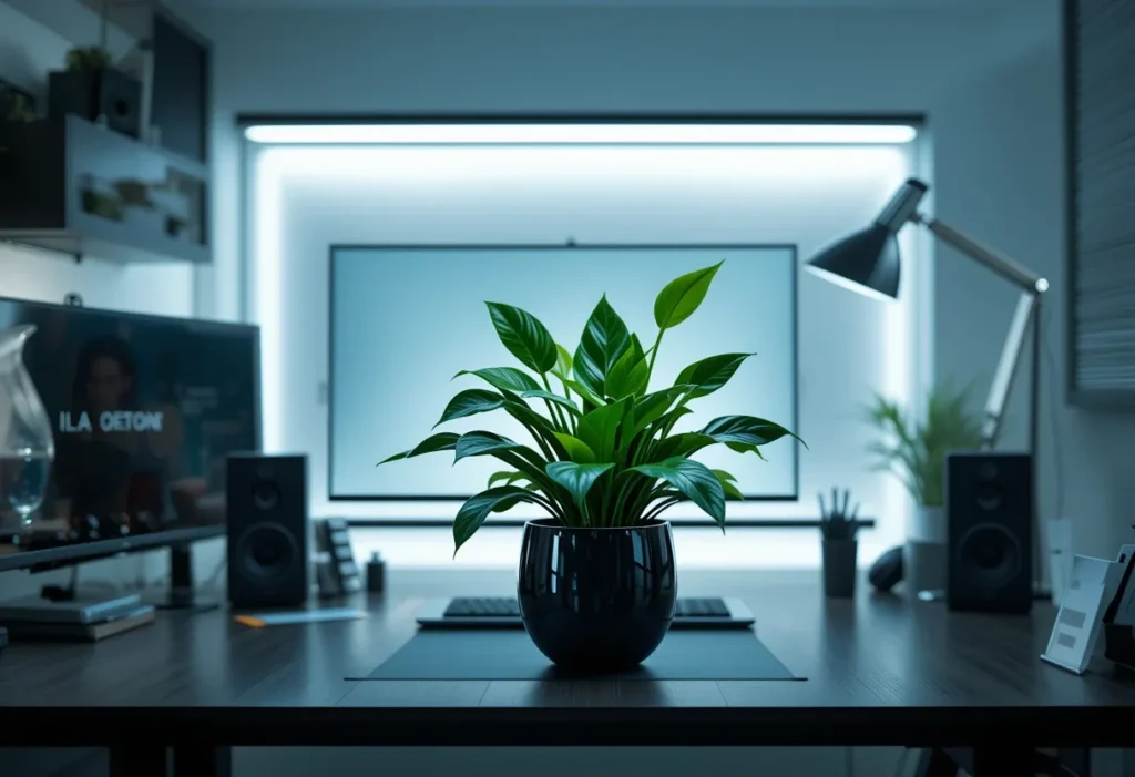 22 Best Low Light Indoor Plants That Thrive Without Direct Sunlight 3 Glossy ZZ Plant on a modern home office desk with white walls and ambient LED lighting