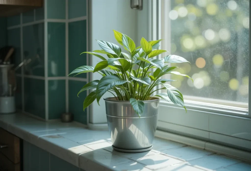 22 Best Low Light Indoor Plants That Thrive Without Direct Sunlight 20 Aluminum plant with silver leaves sits on a cool-toned kitchen window sill catching soft light