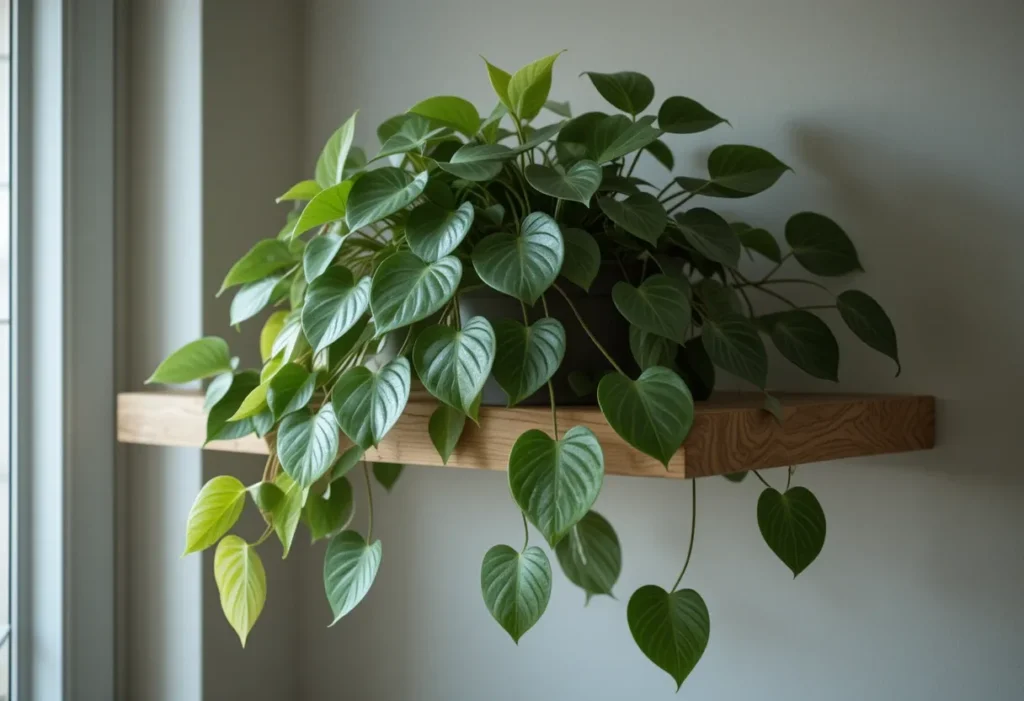 22 Best Low Light Indoor Plants That Thrive Without Direct Sunlight 21 Silver satin pothos vines trail over a floating shelf with subtle morning shadows.