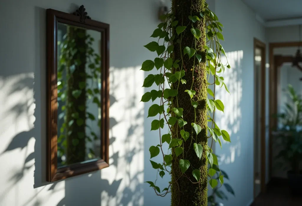 22 Best Low Light Indoor Plants That Thrive Without Direct Sunlight 22 Arrowhead vine climbs a moss pole near a hallway mirror in soft, shadowy evening light.