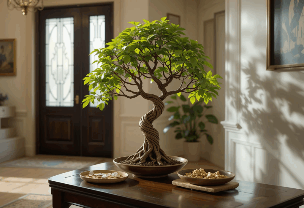 22 Best Low Light Indoor Plants That Thrive Without Direct Sunlight 23 A braided money tree on a low table lit gently in an entryway, with coins and crystals nearby.