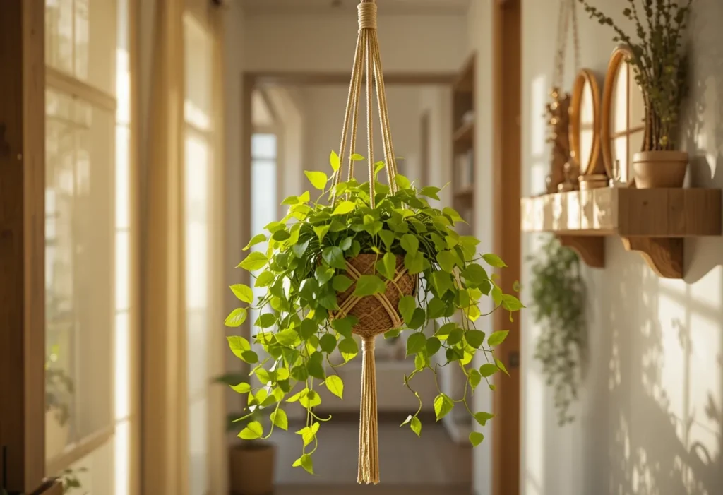 22 Best Low Light Indoor Plants That Thrive Without Direct Sunlight 4 Trailing Golden Pothos in a macramé hanger near a wooden shelf in a softly lit hallway.
