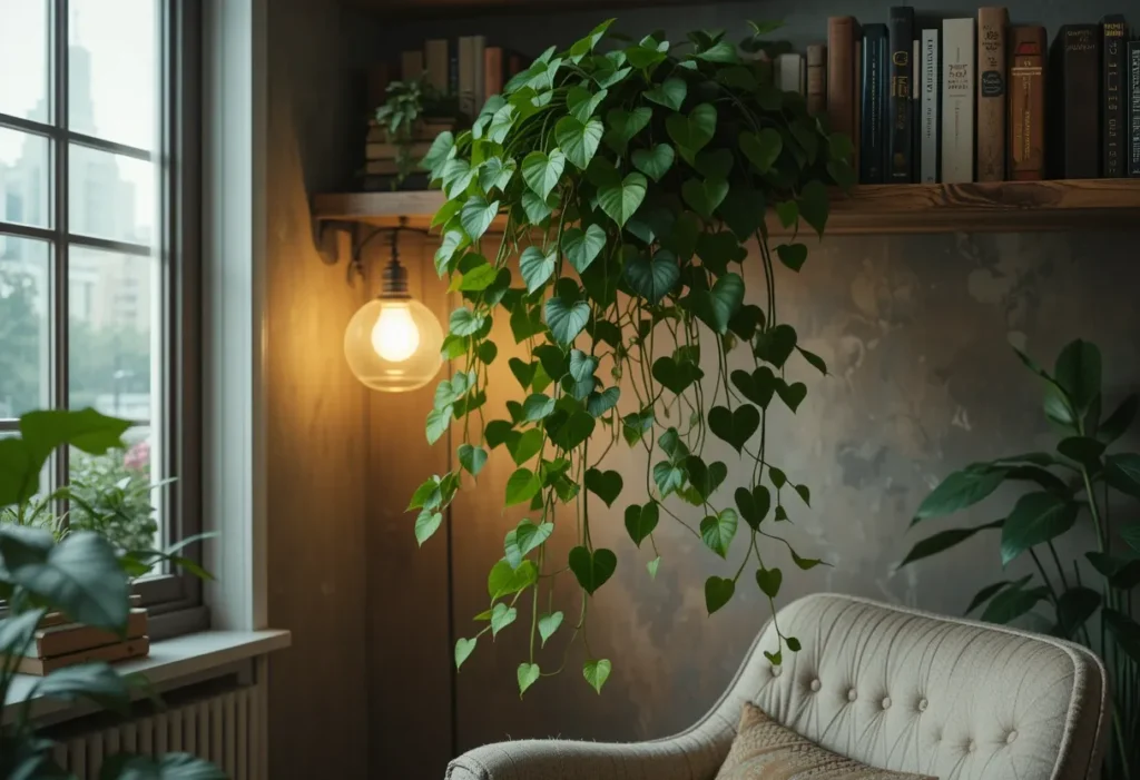 22 Best Low Light Indoor Plants That Thrive Without Direct Sunlight 5 Heartleaf Philodendron cascading from a shelf in a cozy reading nook with books and low light.
