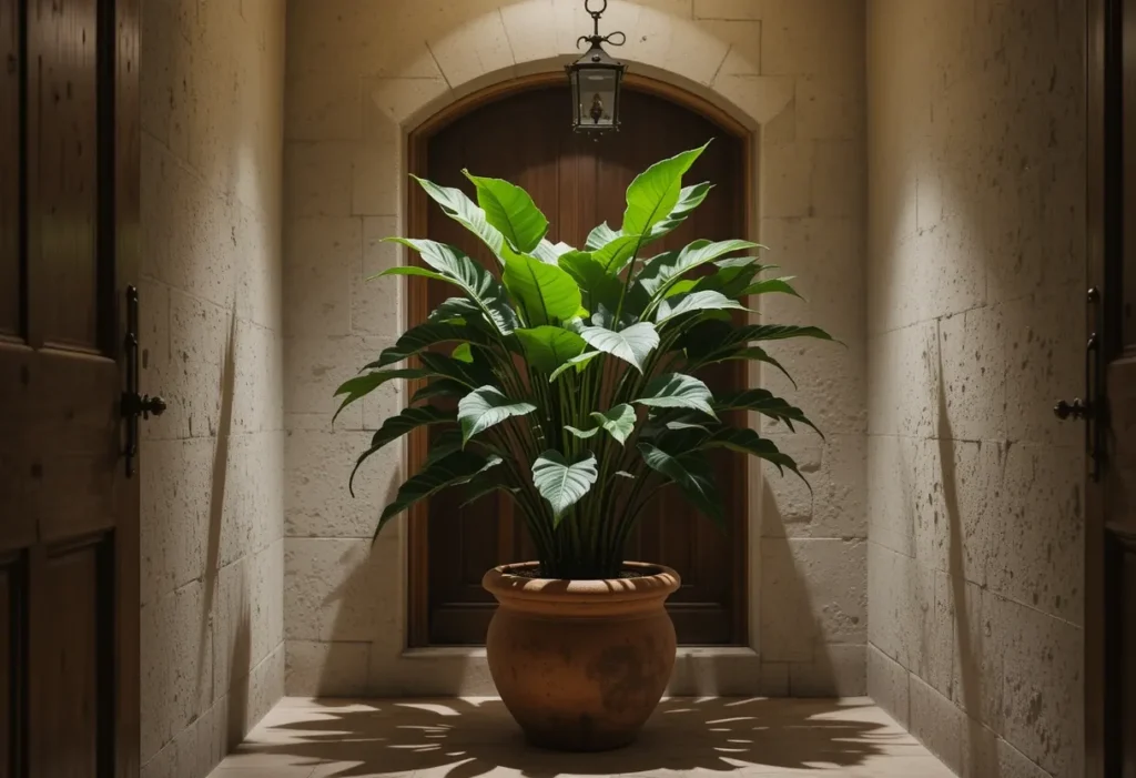 22 Best Low Light Indoor Plants That Thrive Without Direct Sunlight 6 Sturdy cast-iron plant in a rustic pot stands in a shadowy entryway with spotlighted leaves.