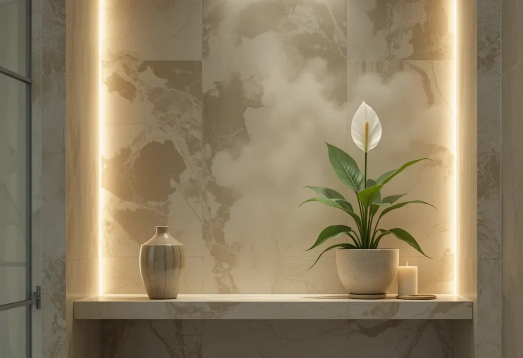 22 Best Low Light Indoor Plants That Thrive Without Direct Sunlight 7 Blooming peace lily sits on a bathroom shelf with neutral tiles and soft, diffused lighting