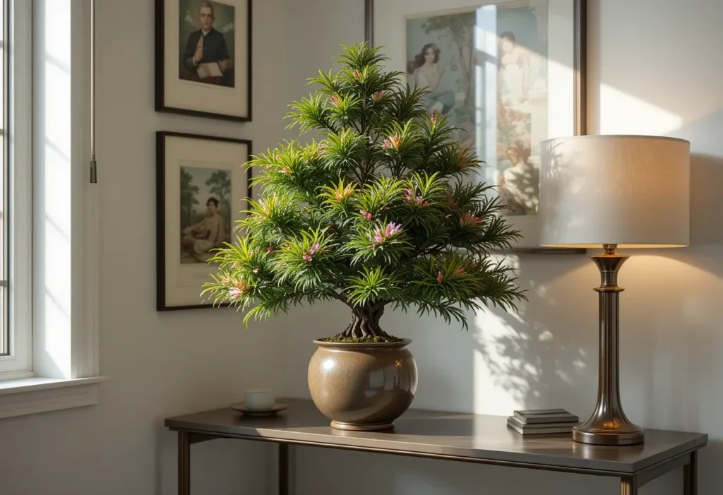 22 Best Low Light Indoor Plants That Thrive Without Direct Sunlight 8 Chinese evergreen plant in a ceramic pot placed on a modern console under warm indoor light.