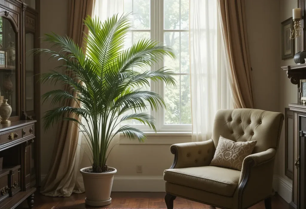 22 Best Low Light Indoor Plants That Thrive Without Direct Sunlight 9 Parlor palm beside a velvet armchair in a Victorian-style room with soft filtered sunlight.