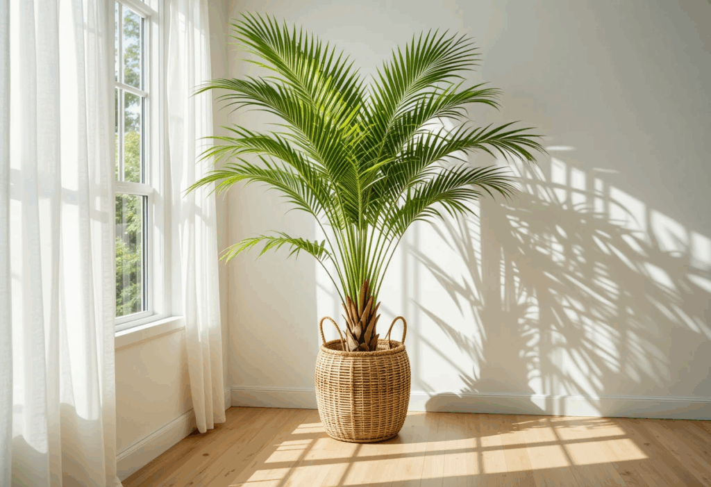 Areca Palm in a woven basket planter in a bright corner with sheer curtains and wooden floors, creating a tropical indoor vibe.