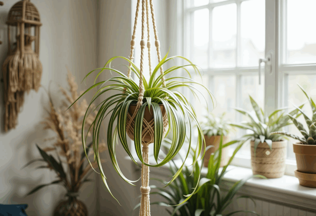 Spider Plant with striped leaves hanging in a macramé holder near a sunlit window, styled with neutral boho decor.