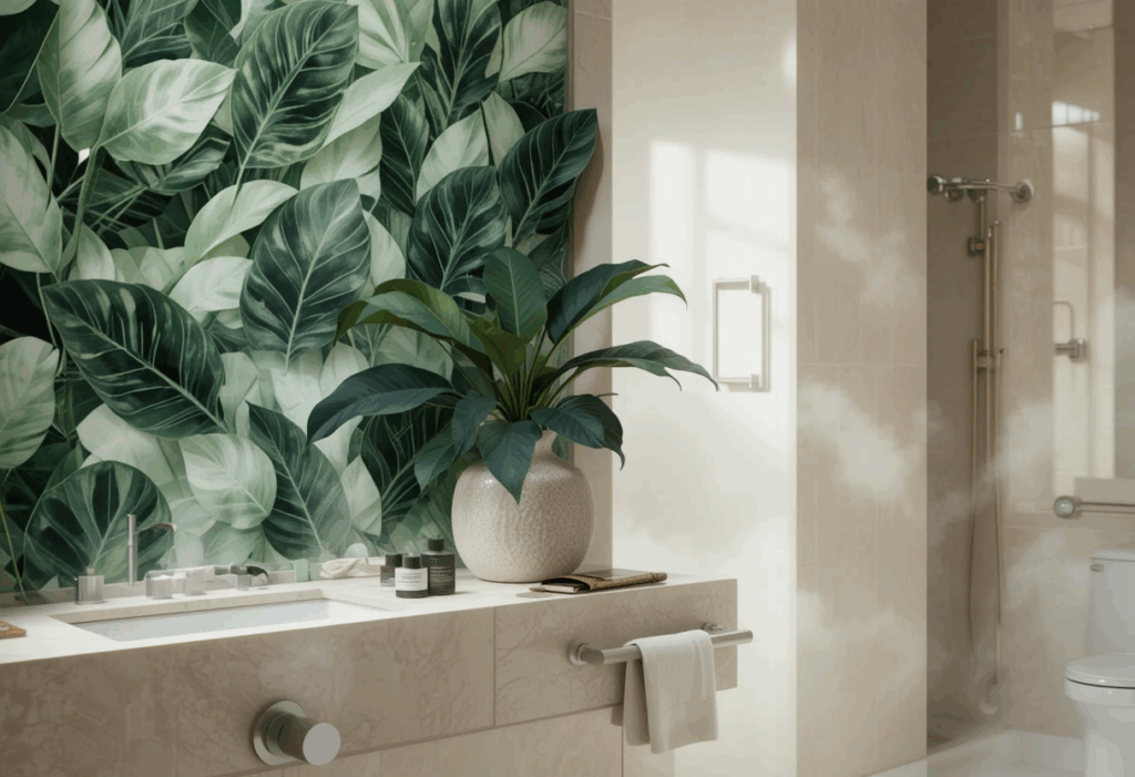 Calathea plant with bold leaf patterns on a bathroom shelf, soft tiles and mirror in a humid indoor setting.