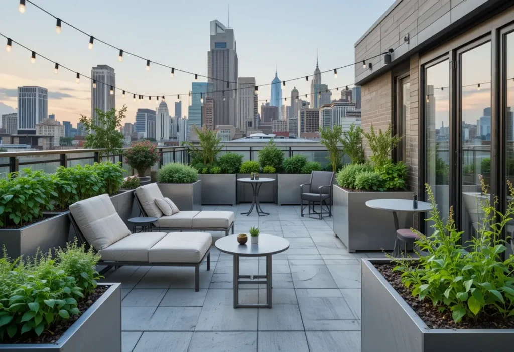 Modern rooftop garden with sleek metal planters holding basil and thyme, city skyline in background, and string lights overhead.