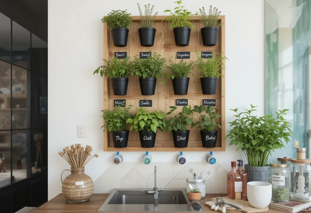 Vertical wall garden with mounted pots labeled for herbs like basil and oregano against a modern backsplash.