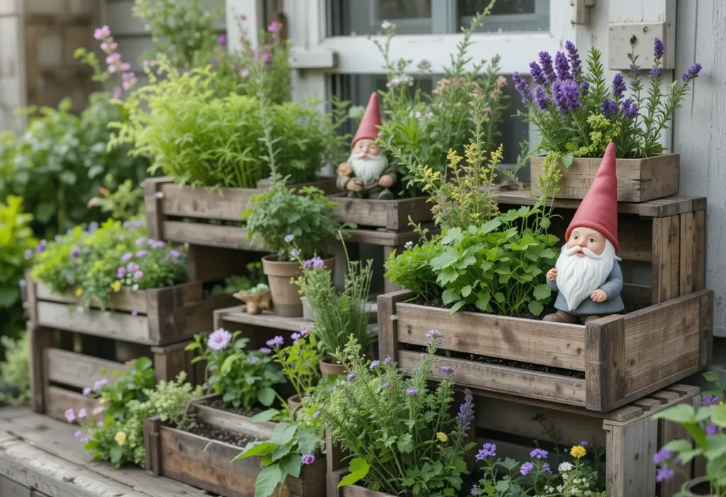 Stacked wooden crates with thyme and parsley spilling out, styled with whimsical cottagecore accessories.