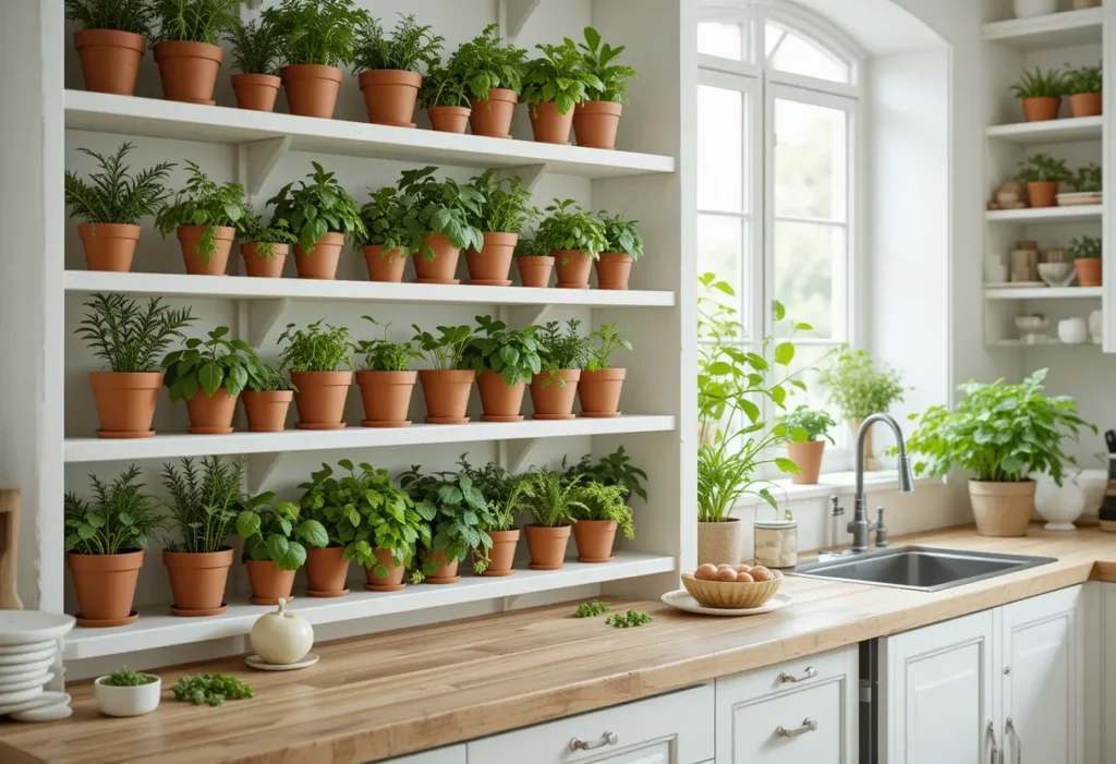 Neutral-toned open shelves with matching pots of dill and basil in a light-filled Scandinavian-style kitchen