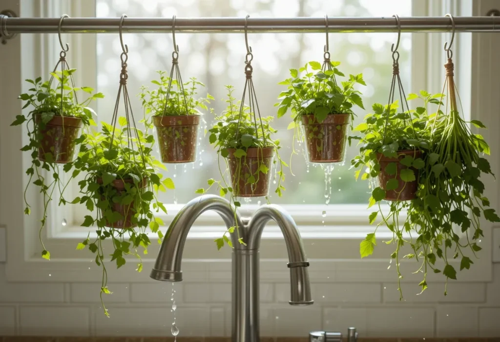 S-hooks suspending planters of fresh mint and oregano above a sunny kitchen sink with greenery and natural light.