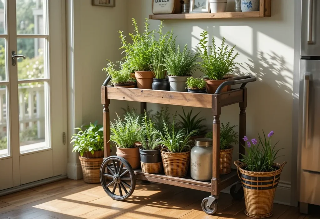 A three-tier rolling herb cart near a window, filled with rosemary and sage in pots and styled with rustic accessories.